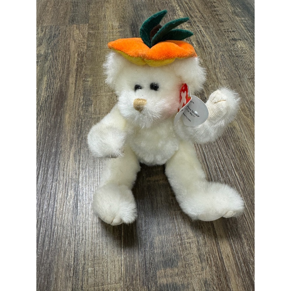 Ty Attic Treasures Tangerine Bear White Plush Fruit Hat Jointed Teddy 2000